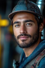 A young construction worker wearing a safety helmet and casual attire, standing confidently on-site, with tools visible in the background