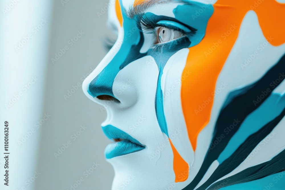 Poster close-up of person with abstract multicolored face paint in thoughtful pose