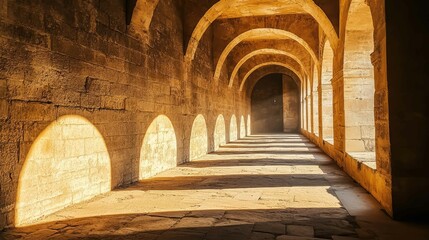 Fototapeta premium Soft sunlight filtering through stone arches in an ancient temple, casting long shadows on the floor
