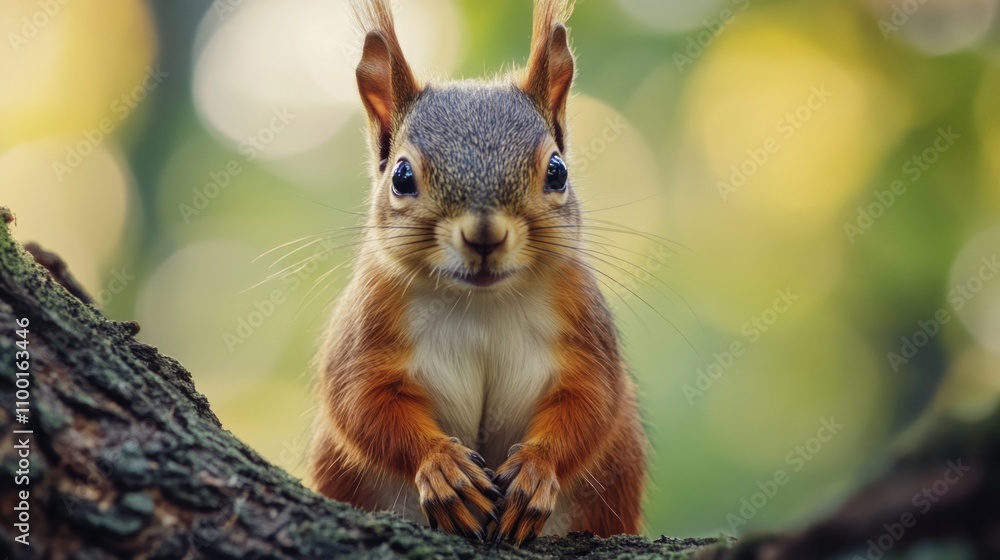 Poster A close-up view of a squirrel sitting on the top of a tree branch, looking around