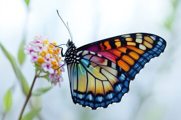 Obraz premium A close-up shot of a butterfly perched on a colorful flower, waiting for the next step