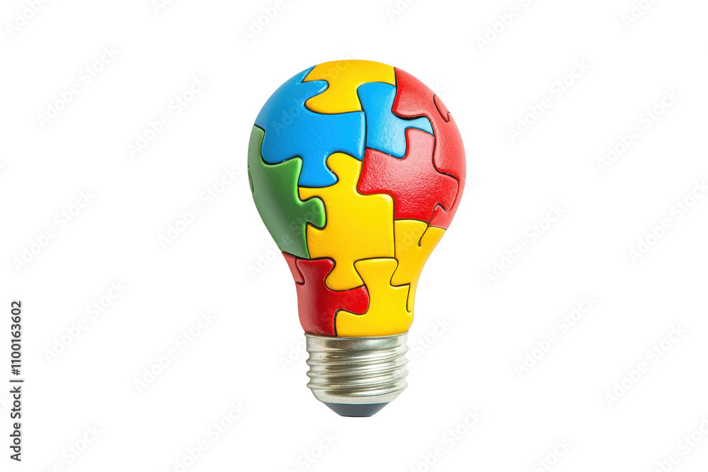 Poster a colorful light bulb designed with puzzle pieces, symbolizing creativity and problem-solving.