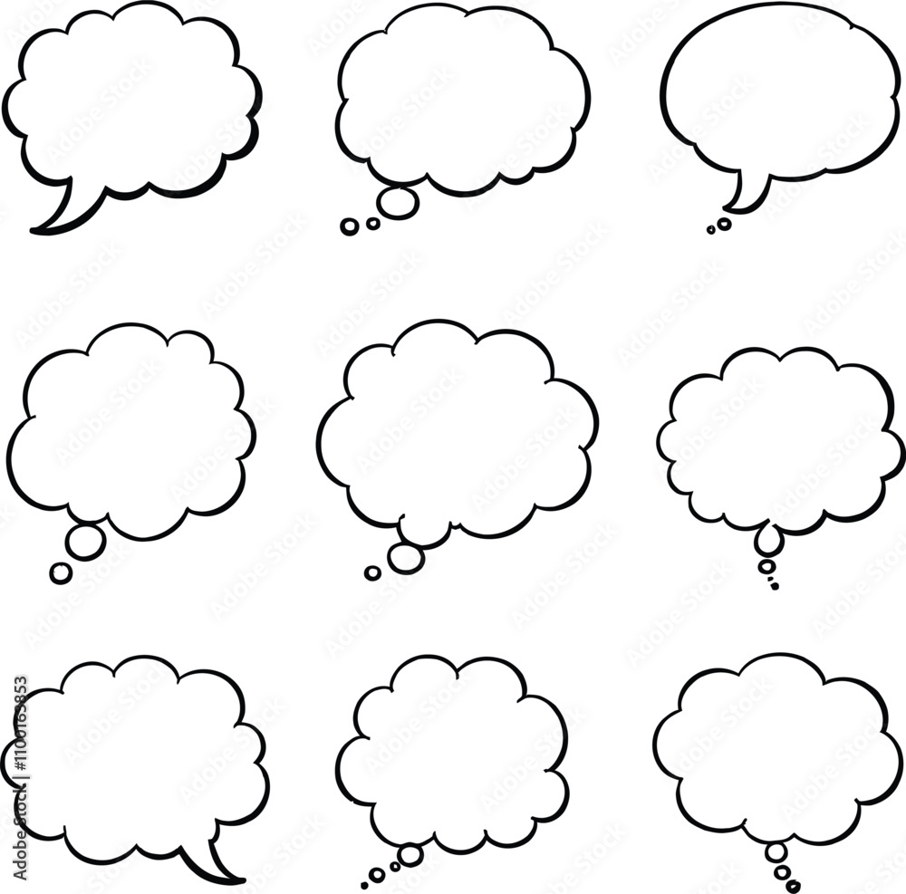 Poster blank empty speech and thought bubbles line art bundle vector illustration set