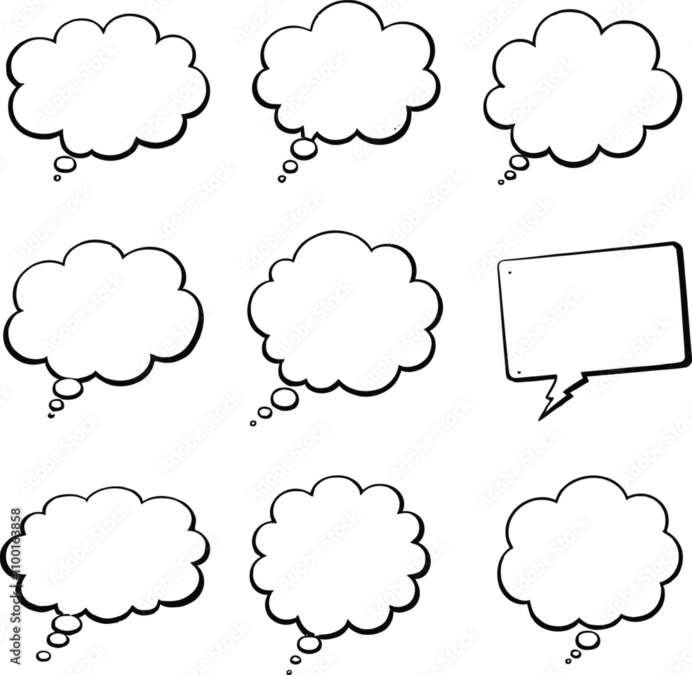 Poster blank empty speech and thought bubbles line art bundle vector illustration set