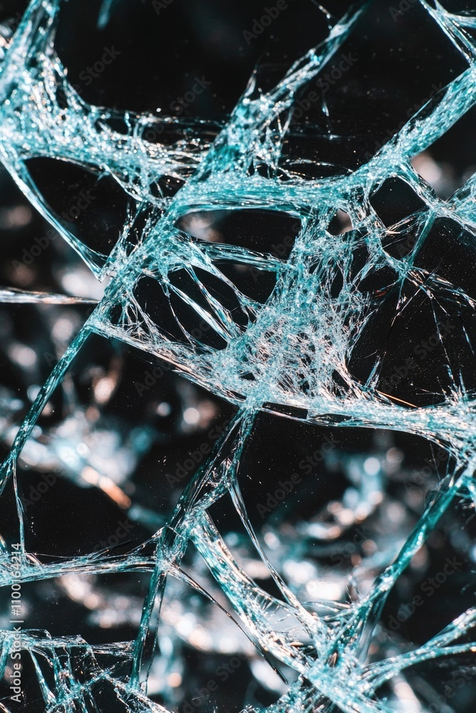 Poster A close-up shot of a shattered glass window with sharp edges and fragments lying around