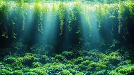 Obraz premium Sunlit underwater greenery: submerged plants and rocks in brilliant sunlight