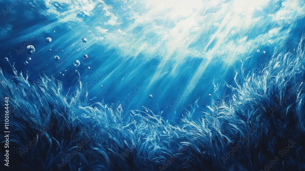 Poster subtle light rays illuminating the gentle flow of underwater currents, revealing floating particles 