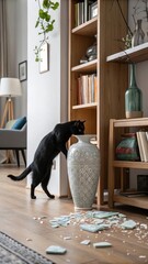 Sleek black cat mid-swipe on bookshelf with broken pottery