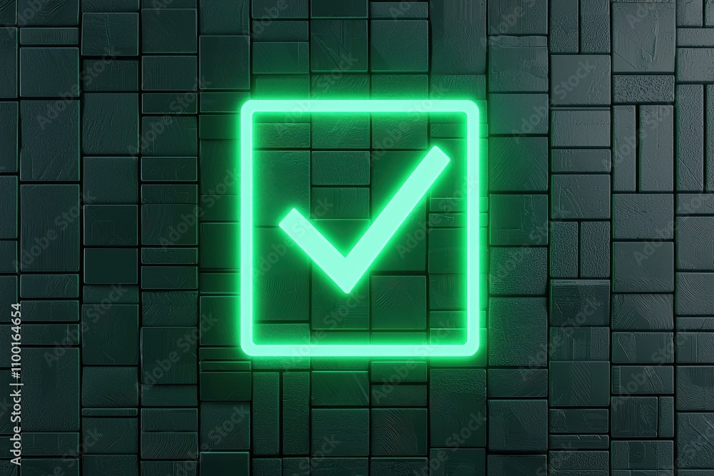 Poster a glowing green check mark inside a rectangular outline on a textured dark background, symbolizing a