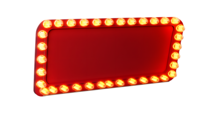 Red retro billboard lightbox or blank shining signboard with yellow glowing neon light bulbs isolated on white wall background with shadow 3D rendering