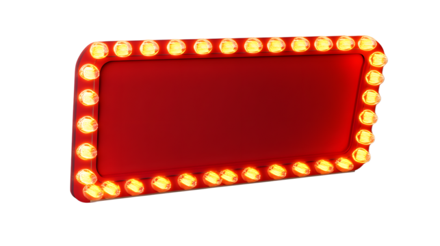 Red retro billboard lightbox or blank shining signboard with yellow glowing neon light bulbs isolated on white wall background with shadow 3D rendering