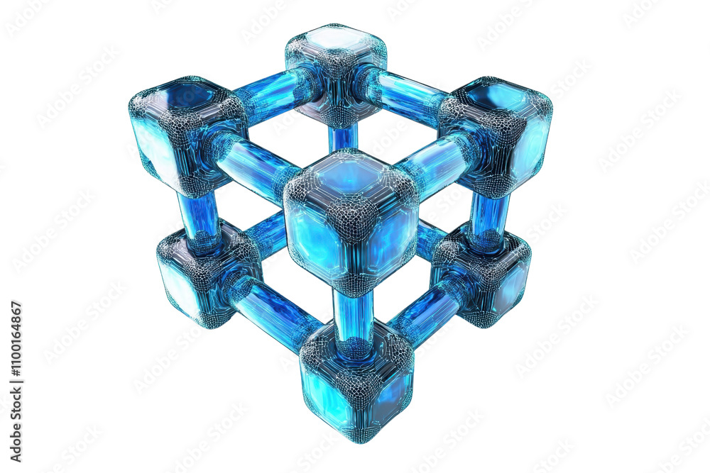 Poster a 3d cube structure composed of glowing blue elements interconnected by sleek rods.