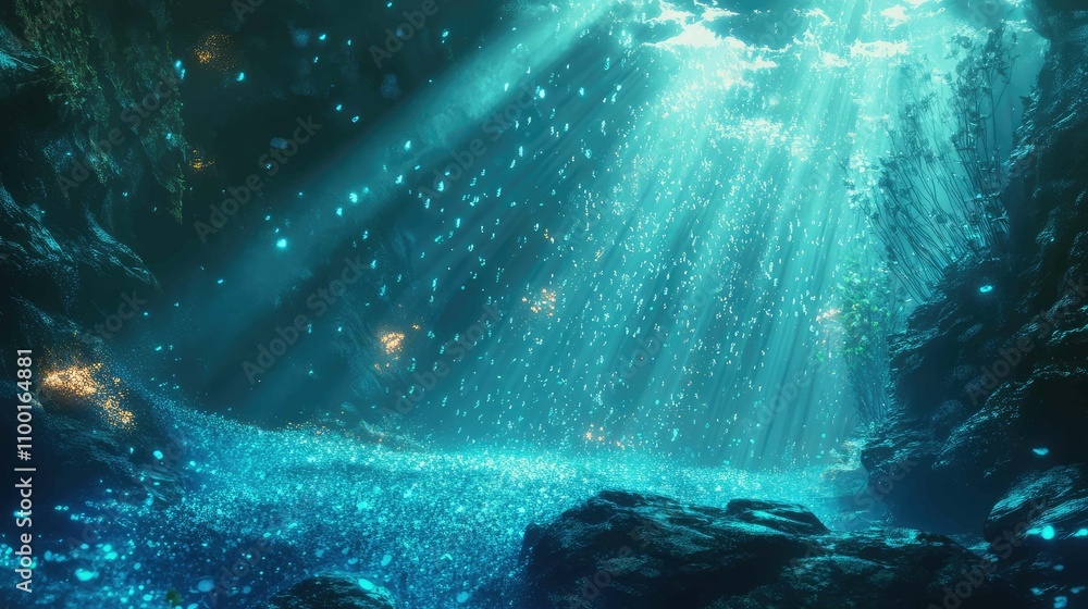 Poster subtle light rays illuminating the gentle flow of underwater currents, revealing floating particles 