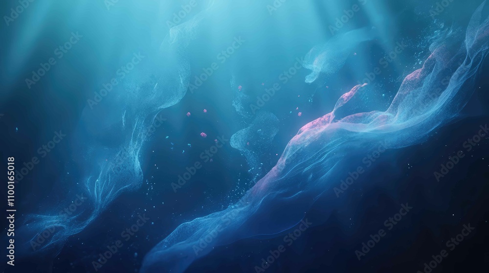 Poster subtle light rays illuminating the gentle flow of underwater currents, revealing floating particles 