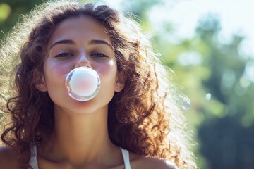 A woman blows a bubble while standing in front of trees, great for lifestyle or nature scenes