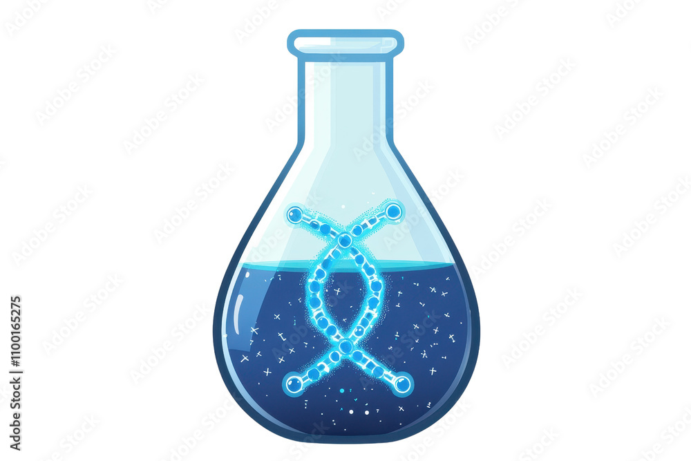 Poster a laboratory flask filled with a glowing blue liquid and a molecular structure design.
