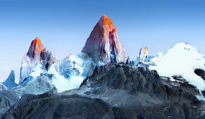 Patagonia Argentina. Mt Fitzroy Mountains at sunrise.  Los Glaciares  National Park. Expedition...