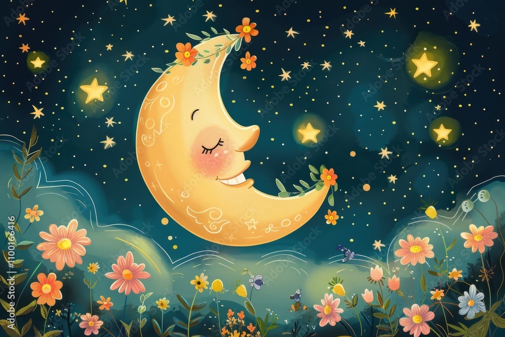 Poster A whimsical illustration of a smiling moon with a sleepy face surrounded by colorful flowers