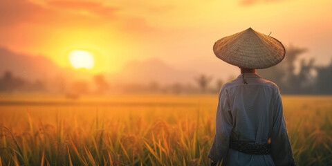 Fototapeta premium Asian farmer working in Chinese field Generative AI