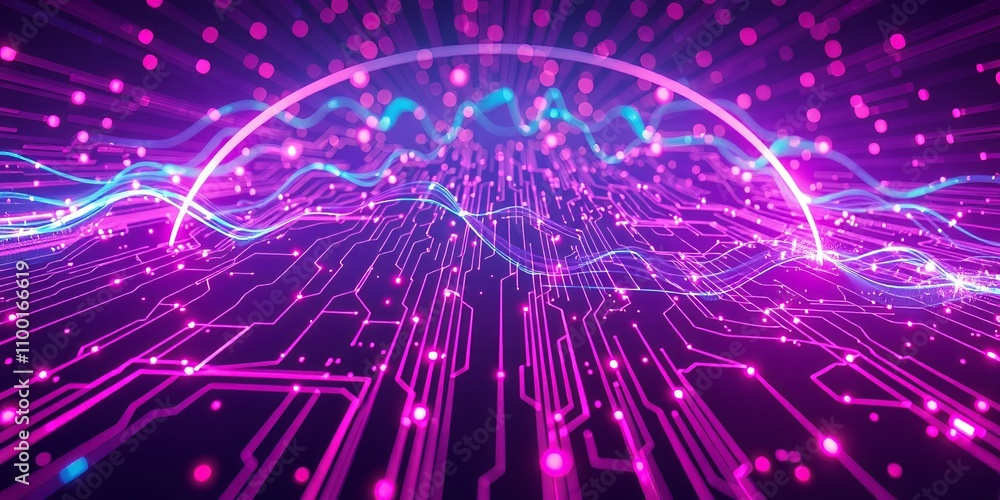 Poster abstract digital landscape with glowing circuits and data waves.