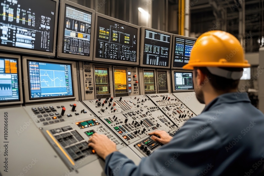 Poster a man in a hard hat works on a control panel, likely in an industrial setting