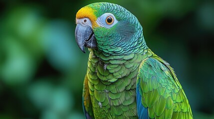 Obraz premium Vibrant amazon parrot perched amidst lush green foliage