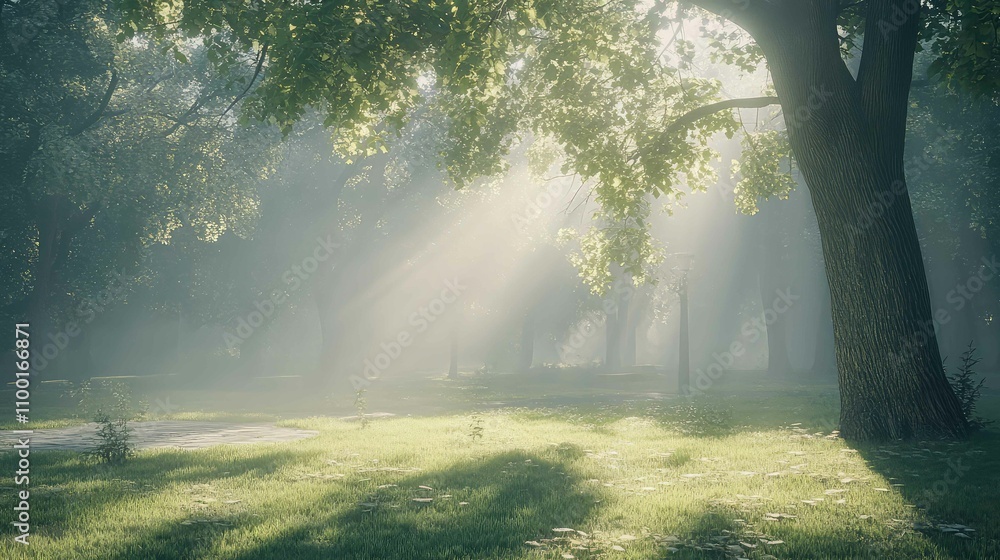 Poster sunlight casting gentle rays through fog in an abandoned park, creating an otherworldly, quiet scene