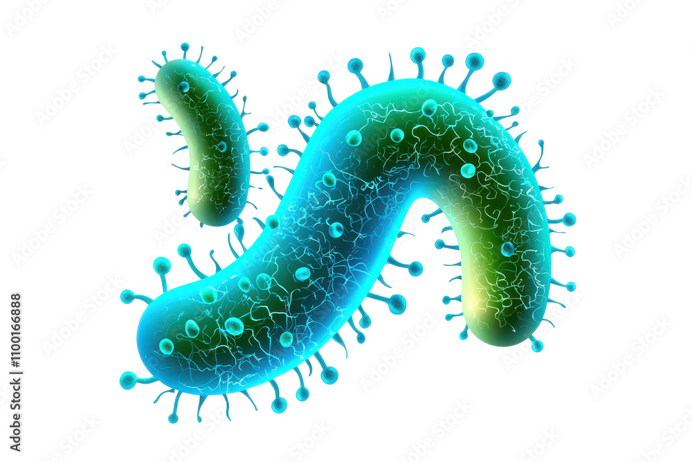 Poster a colorful, stylized representation of a bacteria with various shapes and protrusions, emphasizing i