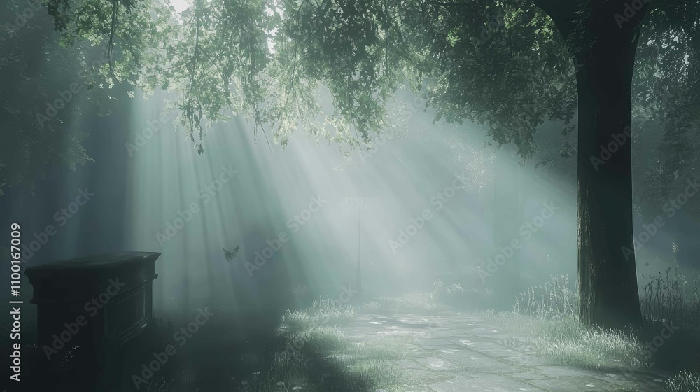 Poster sunlight casting gentle rays through fog in an abandoned park, creating an otherworldly, quiet scene