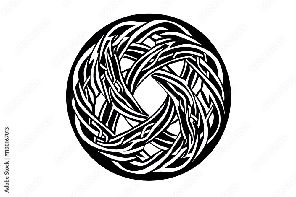Poster the image depicts an intricate circular pattern formed by interwoven lines, creating a striking, sym