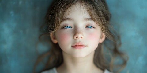 Fototapeta premium The image captures a serene portrait of a child with long hair and blue eyes, set against a soft background, conveying a sense of calm and innocence
