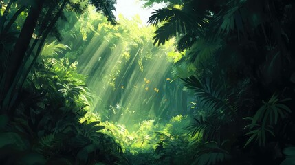 Obraz premium Sunlight filtering through dense jungle trees, highlighting vibrant green foliage with subtle beams