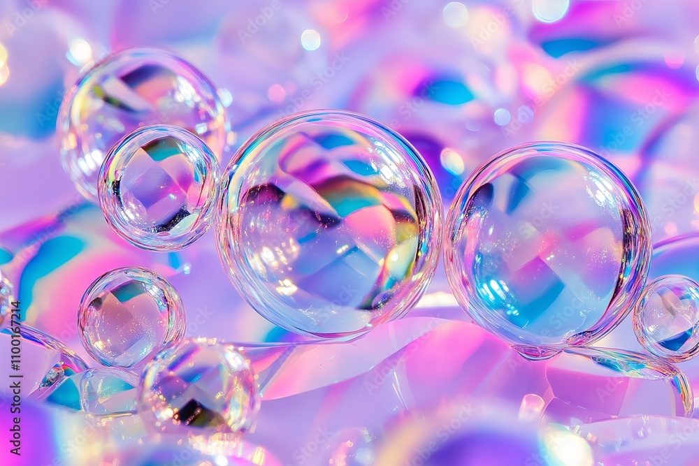 Poster close-up of shimmering soap bubbles reflecting iridescent rainbow hues. --ar 3:2 --personalize v73lh