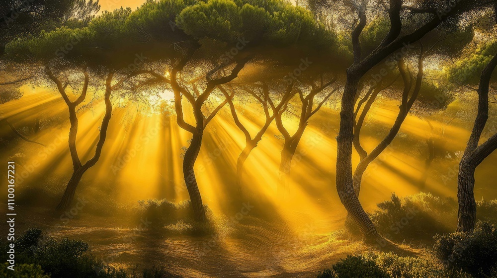 Poster sunlight filtering through trees during golden hour, creating a peaceful forest scene