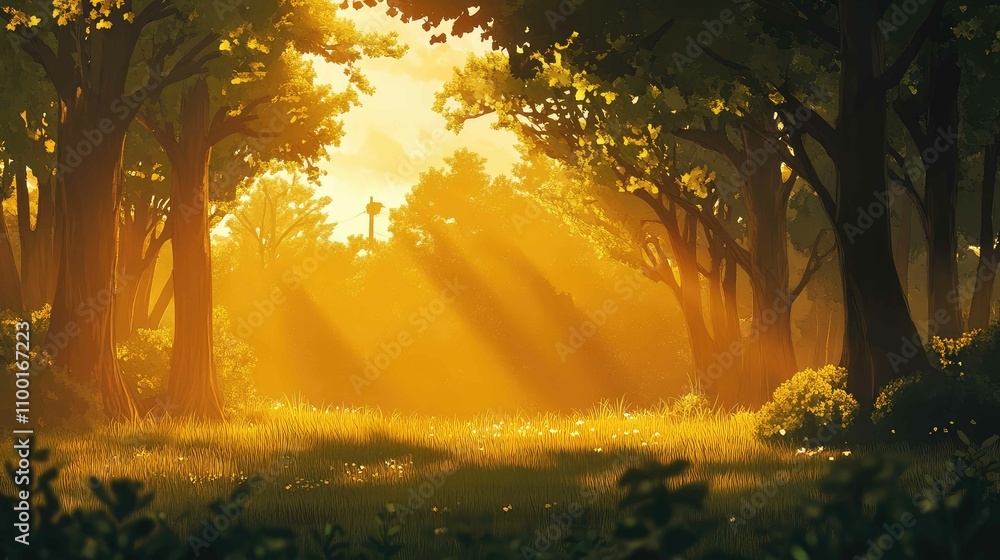 Poster sunlight filtering through trees during golden hour, creating a peaceful forest scene