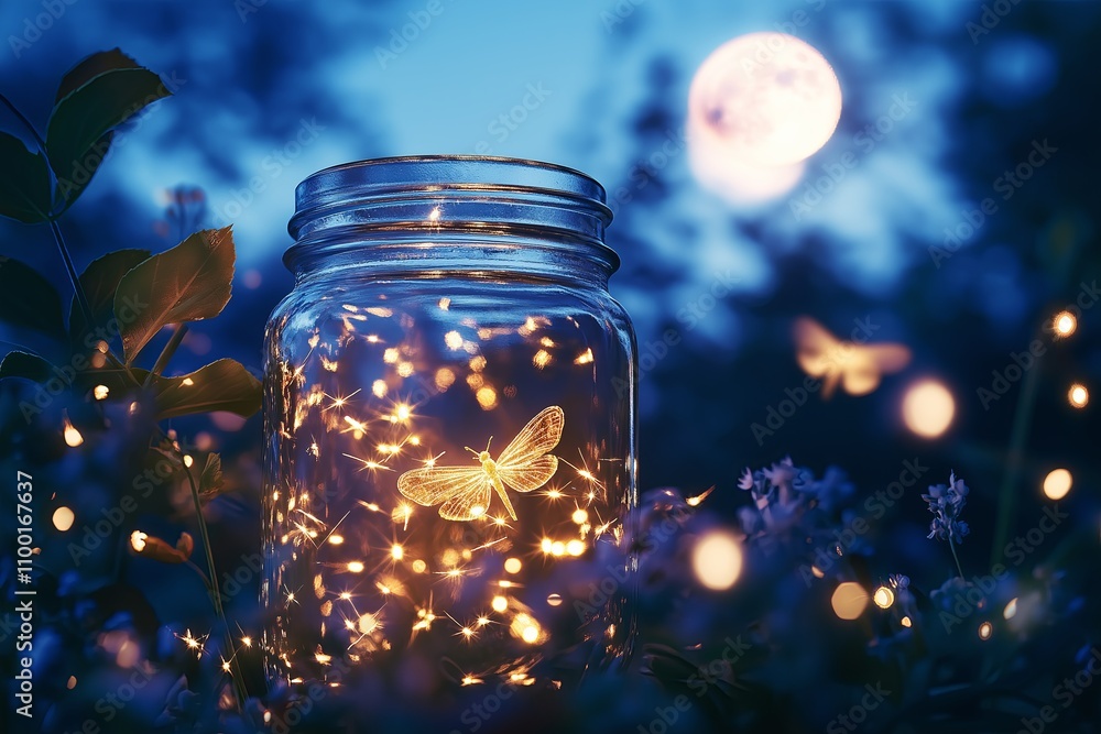 Poster a glowing jar of fireflies under a moonlit sky with soft shadows.