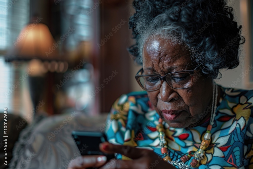 Poster A person sitting on a couch using their mobile device, possible for use in lifestyle or social media context