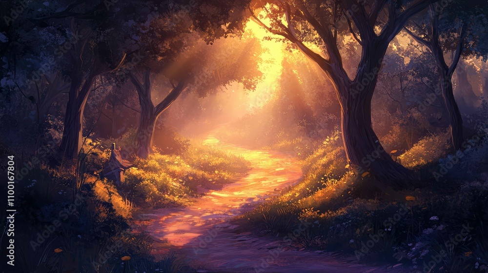 Poster sunset rays beaming through thick, shadowed trees, illuminating a winding forest path