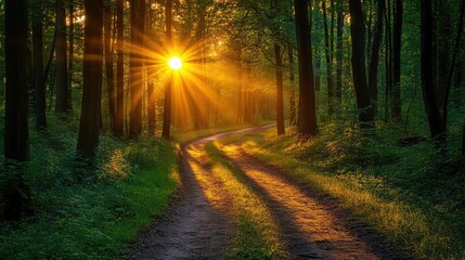 Obraz premium Sunset rays beaming through thick, shadowed trees, illuminating a winding forest path