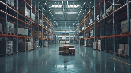 A spacious warehouse interior with organized shelving and stacked boxes, designed for storage and logistics.