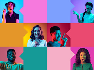 Collage of different young people, men and women displaying cheerful and surprised emotions against...