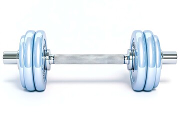 Obraz premium Shiny chrome dumbbell resting on a clean white surface ideal for fitness and bodybuilding concept