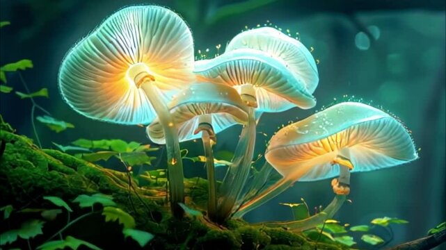 Transparent mushrooms in a green forest covered with moss and vegetation. Intricate details in enchanted forest landscape