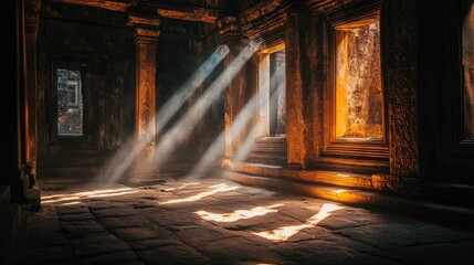 Fototapeta premium The interplay of sunlight and shadows in a dark, mysterious ancient temple, revealing hidden details