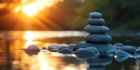 This image beautifully captures a serene scene at sunset featuring a smooth stack of stones balanced perfectly by a tranquil riverside setting
