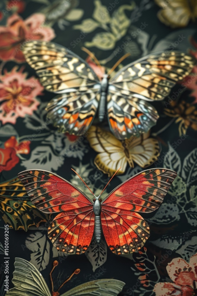 Poster a cluster of colorful butterflies resting on a flat surface