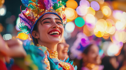 joyful woman in colorful costume smiles brightly at festive event, surrounded by vibrant lights and friends. atmosphere is filled with celebration and happiness