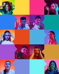 What. Emotions of misunderstanding. Collage. Different people, men and women expressing...
