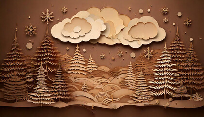 Design paper cut greeting card. Paper cut clouds, pine, fir and Christmas decorations 