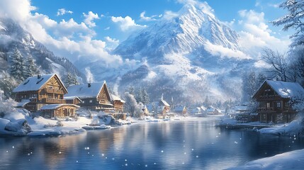 Fototapeta premium 14. A serene winter village at the foot of a towering snow-capped mountain